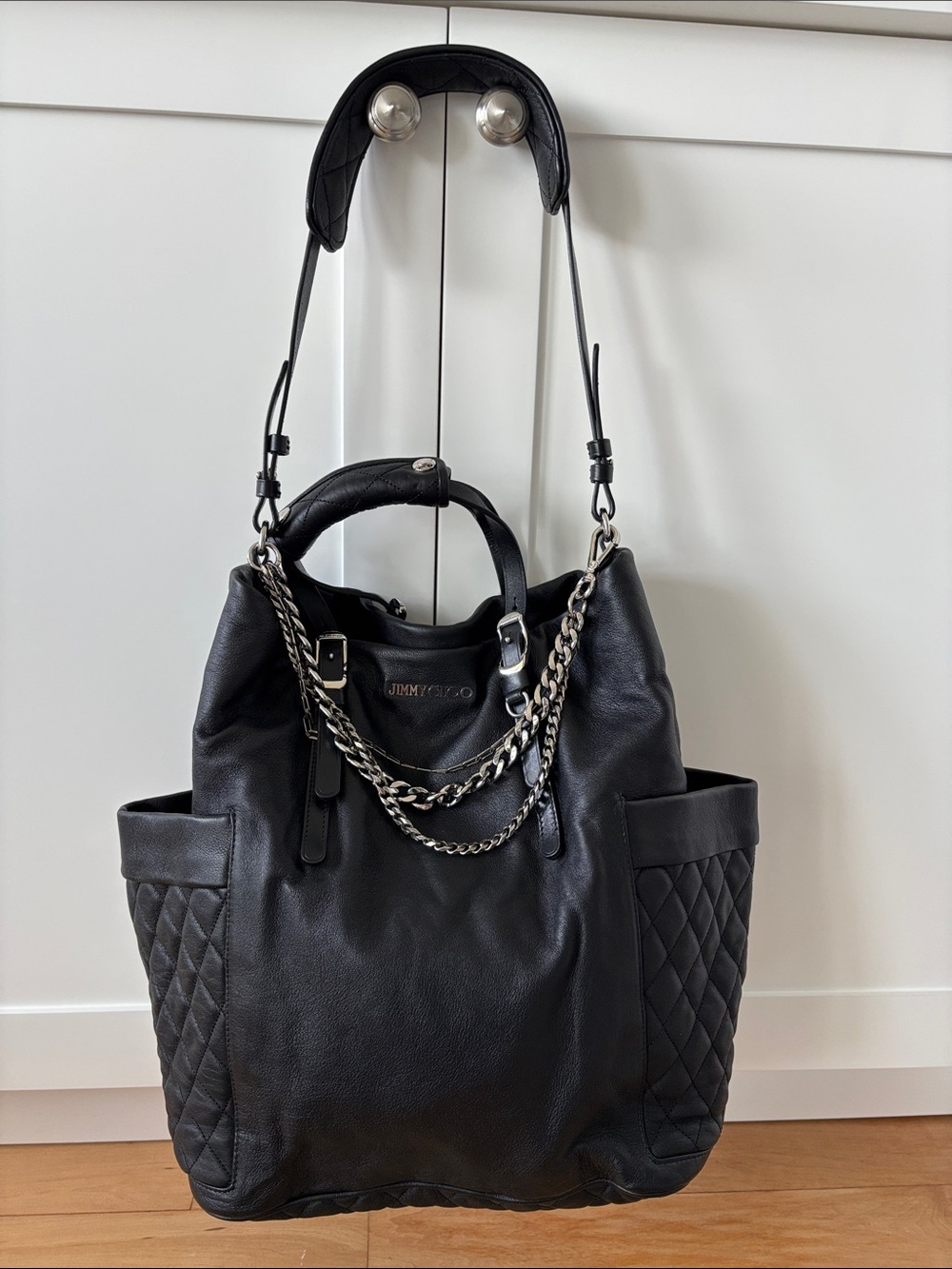 Jimmy Choo Black Quilted-Side Leather Tote with Chain Detail